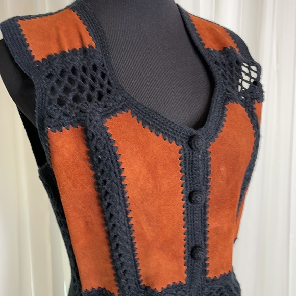 Vintage Suede and Black Crochet v-neck Vest, approximately Size M - Picture 2 of 7